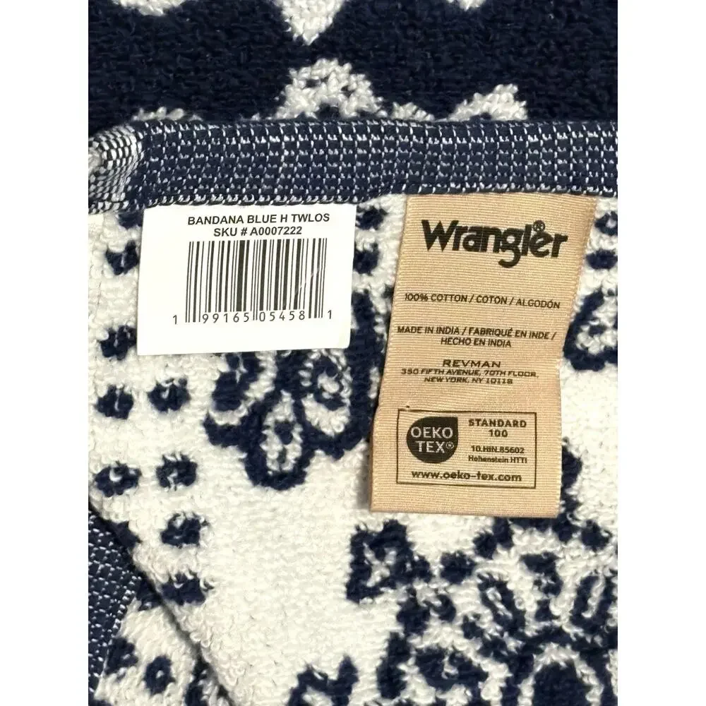 Wrangler Bath Hand Towels Bandana Blue Set Of 3 Pcs Floral White Flowers NWT